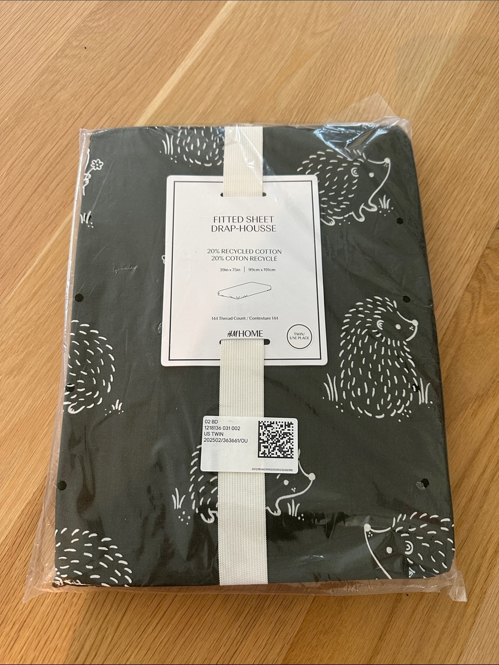 H&M Dark Gray Fitted Sheet with White Hedgehog Print